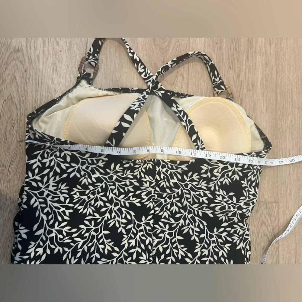 Lands' End Swimsuit Tank Plus 18W Padded Shelf Bra Side Ruching Black Leaf Print - Picture 4 of 7